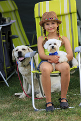 Summer camp - young girl playing with dogs