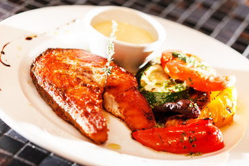 salmon steak with vegetables