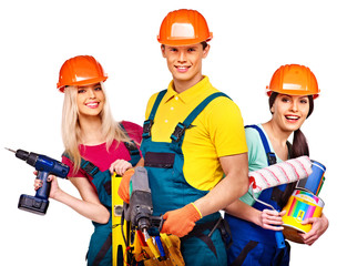 Group people builder  with construction tools.