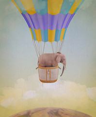 Elephant flying in a balloon. Illustration