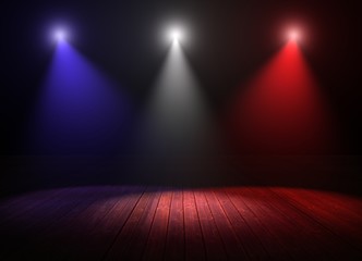 Illustration of multicolored spotlights on a wood stage