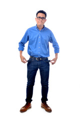 Young man with no money in his pockets