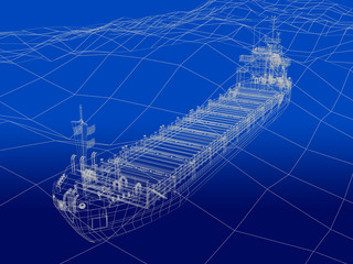 3D wireframe of ocean liner in ocean 