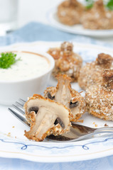 appetizer of fried mushrooms with yogurt sauce, closeup