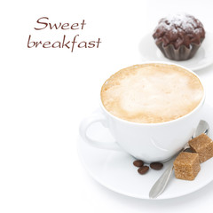 cappuccino with brown sugar and chocolate cake, isolated