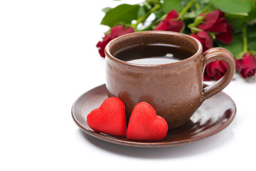 cup of coffee, red candy, gift and roses for Valentine's Day