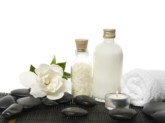Fototapeta na wymiar Still life with white gardenia flowers ,candle, towel