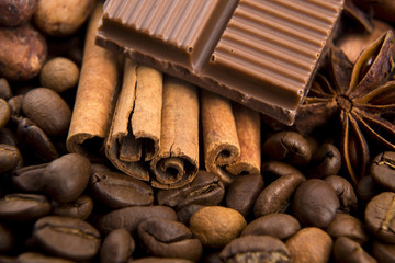 chocolate with coffee beans, spices and cacao