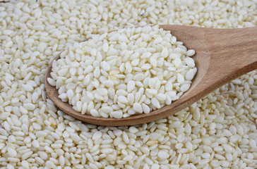 Wooden spoon with sesame seeds on a white background