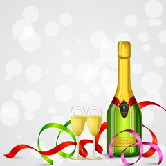 vector illustration of champagne bottle and glass with ribbon