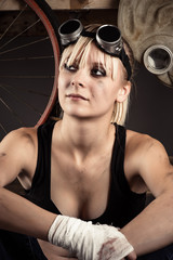 Naklejka premium portrait of a woman in gas welding goggles