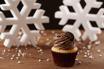 Oreo cupcake on Christmas background