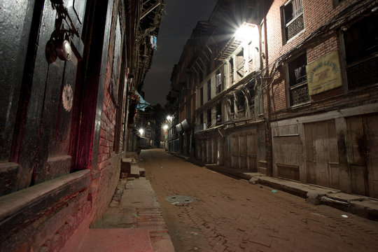 Empty street at night in the old city of Bhaktapur