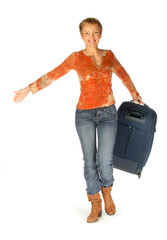 Happy Woman running with suitcase