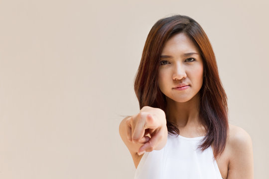 woman point finger at you, negative or angry mood, with space