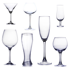 Collage of empty glasses isolated on white