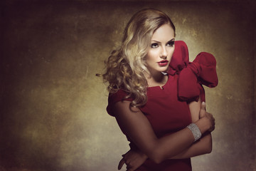 woman in red with big bow