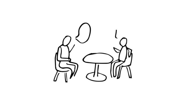 Animation of slowly appearing painted people sitting at desk