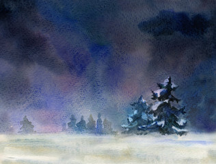 Night rural landscape at winter