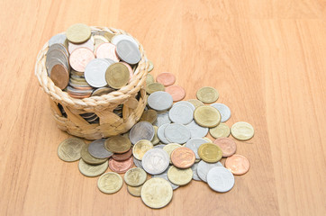Thai baht coins in basket on wooden floor