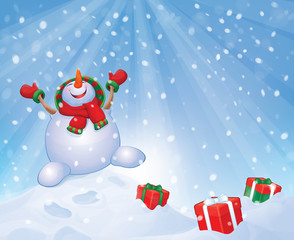 Vector happy snowman with gifts on snowfall background.