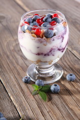 Yogurt with granola and blueberries 