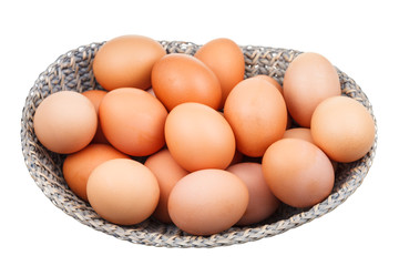 many fresh chicken eggs in wicker basket