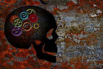 Obraz premium Rusty Gears on Skull Grunge Texture Background