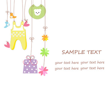 Baby arrival card with gift, hearts, flower and clothes vector