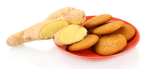Ginger cookies with fresh ginger root isolated on white