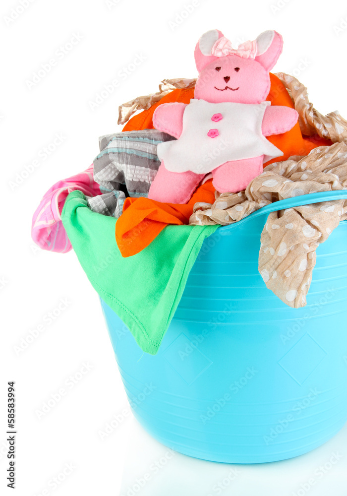 Wall mural Blue laundry basket isolated on white