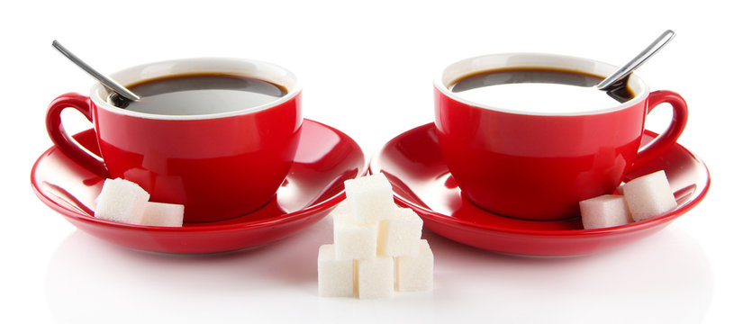 Fototapeta Red cups of strong coffee and sugar isolated on white