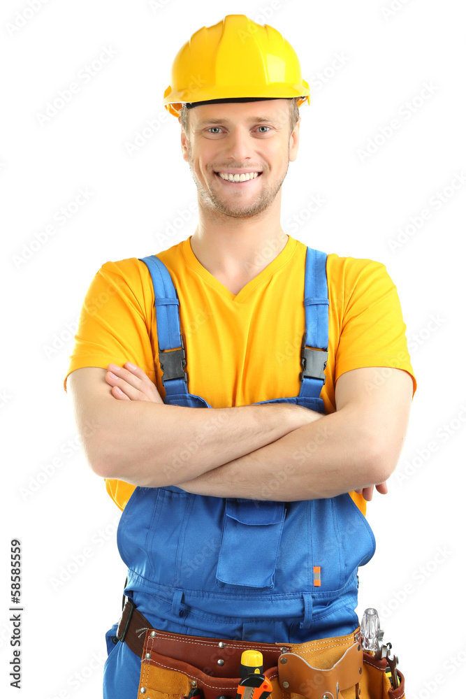 Wall mural portrait of young builder isolated on white