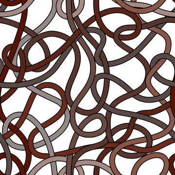 Messy Tangled Wires Seamless Pattern In Brown And White, Vector