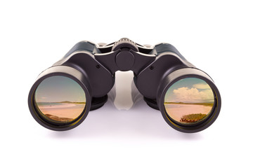 black binoculars and beach isolated on a white background