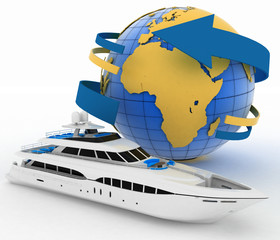 yacht and globe. 3d illustration on white background.