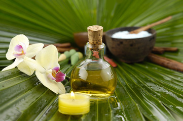 Obraz na płótnie Canvas spa supplies with orchid .image of tropical spa.