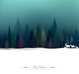 christmas background with deer and pine forest