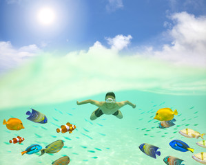 Obraz premium happy young man swimming undersea with colorful fishes and bubbl