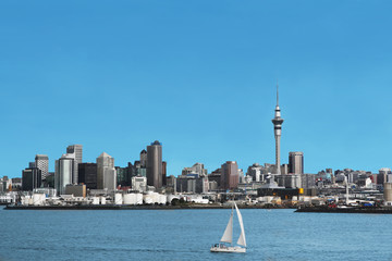 Auckland City Skyline and Harbour with Skytower, in New Zealand