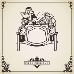 Santa Claus driving a car, vintage Christmas card.