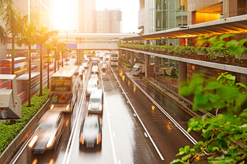 The sunset of the busy roads of major cities