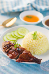 Roasted duck, Chinese style, served with steamed rice on dining