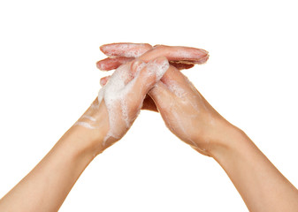 Foam of soap and female hands