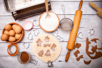 Fototapeta na wymiar Baking ingredients for Christmas cookies and gingerbread