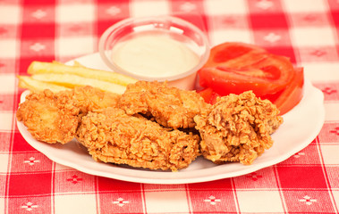 Crispy chicken with white sauce, tomatoes and fries
