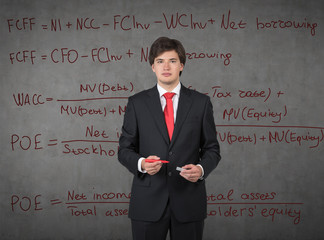 Businessman drawing formulas on the wall