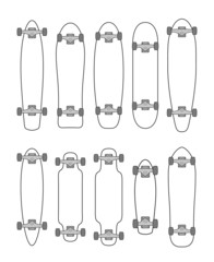 Collection of various shaped skateboards and longboards
