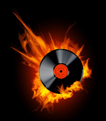 Vinyl Record Disc in Flames