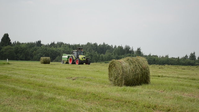 agricultural tractor machine make hay bale in autumn field